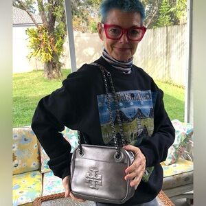 Tory Burch Thea Gunmetal Chain Shoulder Bag, Pebbled Leather Crossbody Metallic